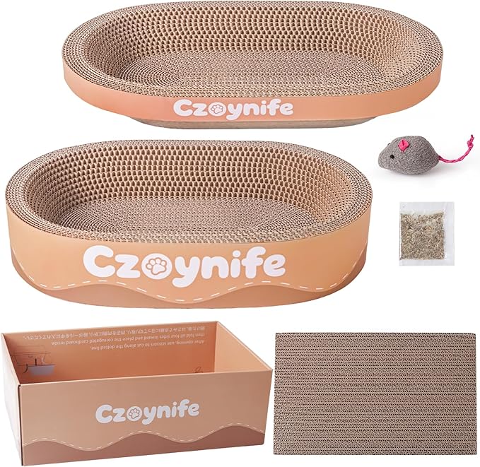 Czoynife 3PCS Cat Scratcher Cardboard, Oval Cat Scratch Pad Bowl Nest for Indoor Cats, Round Cat Scratching Board Corrugated Lounge Cat Bed, Furniture Protector for Couch (Brown, 17 * 11.5 in)