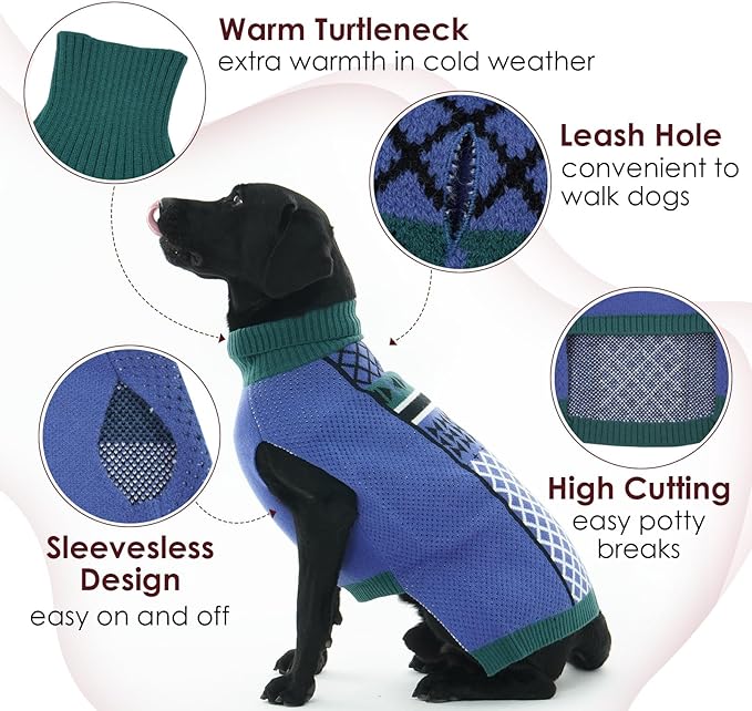 Warm Sleeveless Dog Sweater with Leash Hole, Turtleneck Fall Winter Knit for Large Breeds, Christmas Sweaters for Dogs Doberman Great Dane, Blue XXXXL