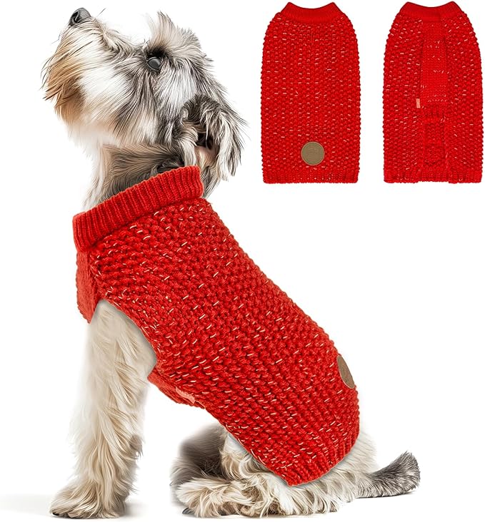 KYEESE Dog Sweater with Leash Hole for Small Dogs Male Warm Pullover with Reflective Thread Soft Knitwear Boy Dog Clothes Cozy Lightweight Thick Sweater Pet Indoor Outdoor Wear,Red,X-Small