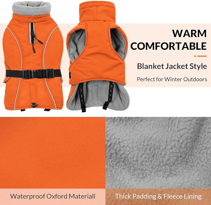 Queenmore Winter Dog Coat Warm Dog Jacket Vest Waterproof Puffer Fleece Snowsuit Adjustable Buckle Leash Hole Reflective Cold Weather Parka for Small Medium Large Dogs Girl Boy Orange M