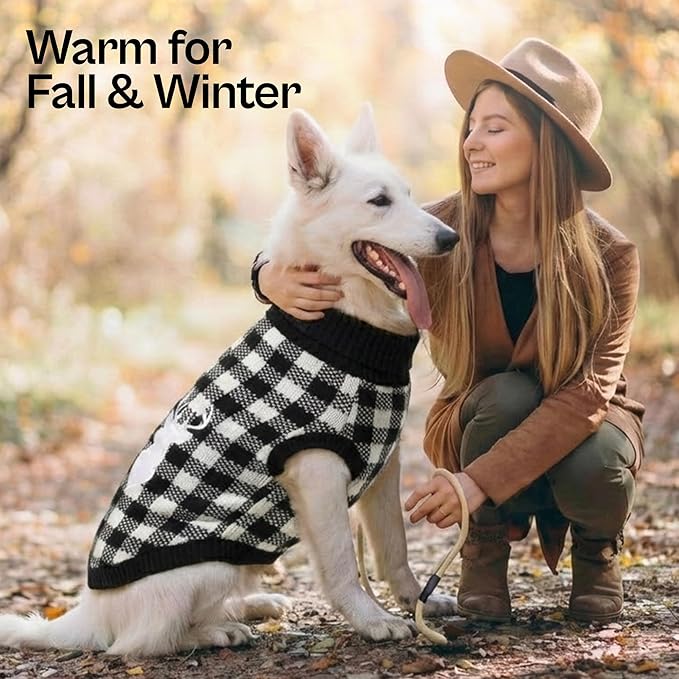 Parisian Pet Dog Sweaters - Cable Knit Dog Christmas Outfit - Fall, Winter Pet Clothes - Christmas Sweater for Large Dogs - Pullover Turtleneck White and Black Checkered Puppy Outfits - 2XL