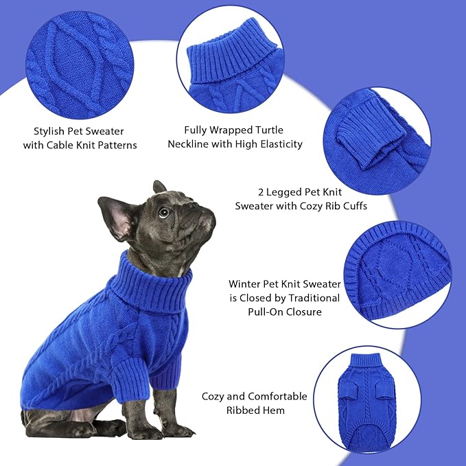 Queenmore Small Dog Pullover Sweater, Cold Weather Cable Knitwear, Classic Turtleneck Thick Warm Clothes for Chihuahua, Bulldog, Dachshund, Pug (Royal Blue, Large)