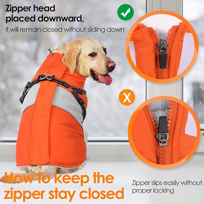 AOFITEE Dog Winter Coat, Dog Coat with Harness Built in, Dogs Jacket for Large Dogs, Reflective Waterproof Pet Puffer Jacket Snowsuit, Warm Fleece Windproof Pet Sweater for Cold Weather, XL