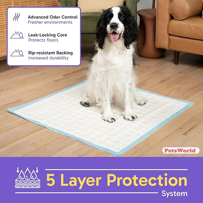 PETSWORLD Giant Dog Potty Pads, Odor-Eliminating, 36" x 36", Ultra Absorbent 5-Layer Leak-Proof Training Pads for Dogs & Cats (36x36 Health Indicating, 25 Count)