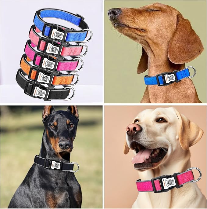 Personalized Dog Collar with QR Code Dog Tag, Oxford Rose Red S | Anti-lost, Oxford, reflective, padded, XS-L(8"-24"), QR buckle shares lost pet profile, location alerts when scanned, No Fees