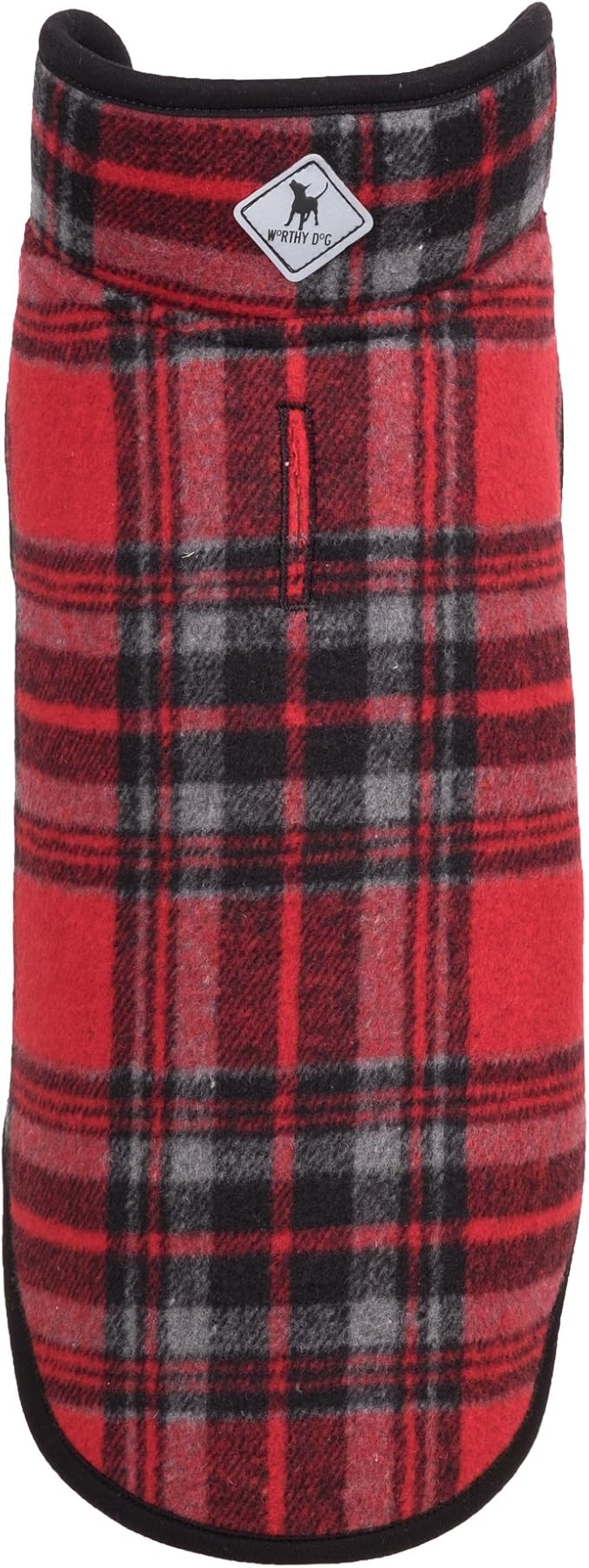 THE WORTHY DOG Alpine Plaid Dog Jacket – Wind-Resistant Winter Coat with Cozy Faux Shearling Lining, Adjustable Fit & Harness Hole – Machine Wash – Red, Size 22