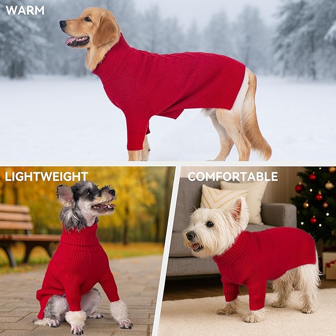 cyeollo 3XL Dog Christmas Sweaters for Large Dogs Girl, Stretchy & Cozy Warm Knit Doggy Sweater with Sleeves Turtleneck Fall Winter Cold Weather Big Dog Clothes Like Doberman Labrador, Red XXXL