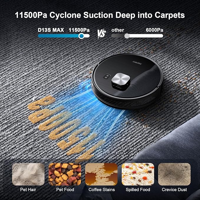 Robot Vacuum,11500Pa Suction,LiDAR Navigation,Self-Emptying,Pet Hair | 90-Day Hands-Free Cleaning 160-Minute Long Runtime Multi-Floor Map Room-Based Cleaning Control Alexa Google Assistant Support
