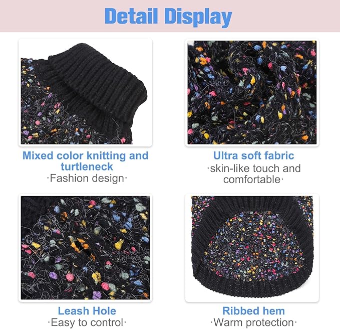 BEAUTYZOO Cable Knit Small Dog Sweater, Color Block with Fuzzy Thread Knitted Turtleneck Dog Knitwear with Dots in a Variety of Colors for Small Medium Dogs Fall Winter Dog Clothes, M Black