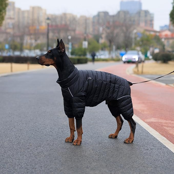 Dog Warm Jacket, 4 Legs Covered Waterproof Windproof Reflective Warm Dog Vest, Zippered Adjustable Snow Jacket for Small to XL Dogs, Black