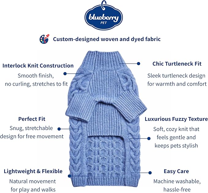 Blueberry Pet Dog Sweater, Christmas Style Fuzzy Knit Pullover, Turtle-Neck Dog Clothes, Heather Blue Dogs Pajamas, Sweater Vest, Pet Sweaters for Small Puppy Girl, Fleece Accessories