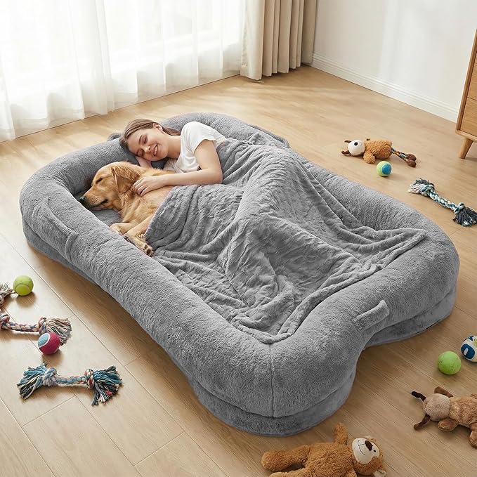 ZOMEYLPO Human Dog Bed, 71 x 47 x 12 in Washable Extra Large Dog Bed for People, Giant DogBed with Storage Pockets, Silver
