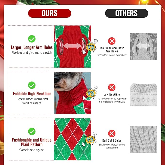 KOOLTAIL Dog Christmas Sweater, Knit Turtleneck Cold Weather Dog Sweaters for Small Medium Large Dogs, Red and Green Plaid Pullover Knitwear Dog Winter Warm Clothes, Puppy Sweater for Girls Boys XS