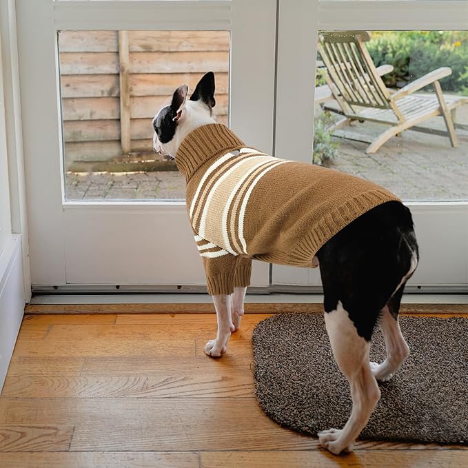 Queenmore Dog Striped Knitted Sweater, Turtleneck Pullover Pet Coat, Dog Winter Clothes with Leash Hole for Small Medium &Large Dogs(Brown,XS)
