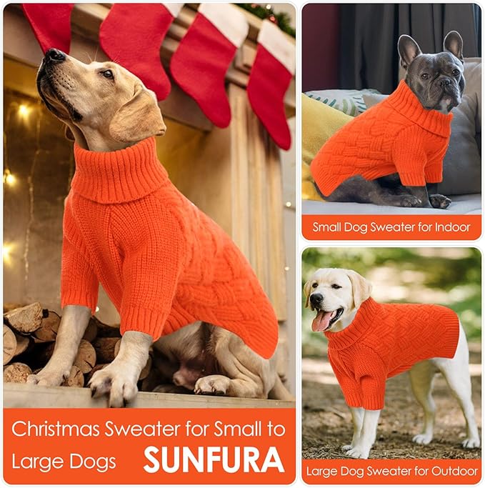 SUNFURA Dog Sweater, Christmas Sweaters for Large Dogs, Solid Color Dog Pullover for Fall Winter, Warm Sweatshirt Knit Turtleneck for Corgi, French Bulldog, Orange L