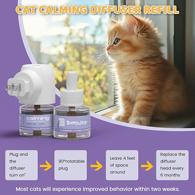 Cat Calming Diffuser Refills – Long-Lasting 30-Day Formula, Cat Pheromones Calming Diffuser for Stress Relief, Relaxation, and Anxiety Reduction, Easy to Use – (3 Diffusers + 3 Refills)