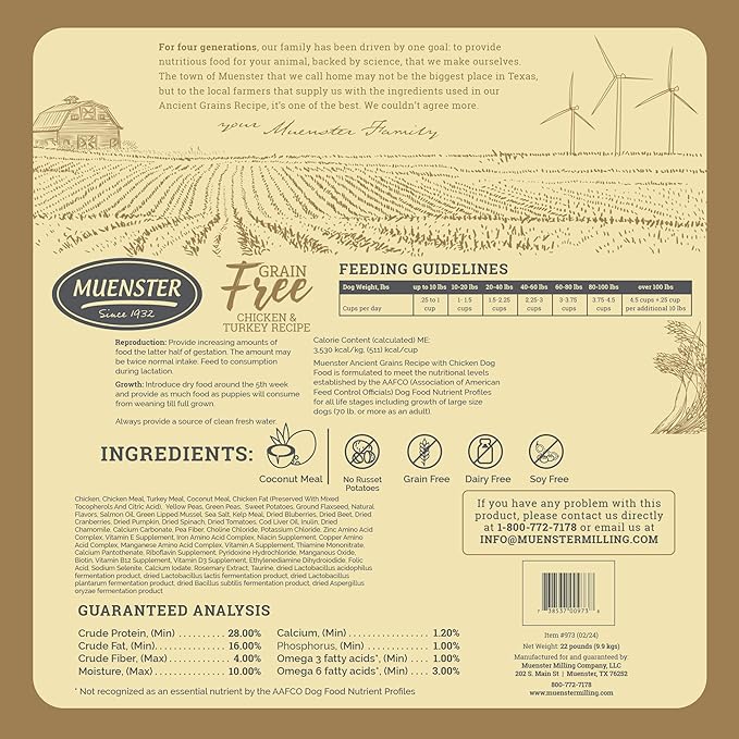 Muenster Grain Free Chicken & Turkey Dry Dog Food, 22lb - Gluten-Free, High Protein, All Life Stages