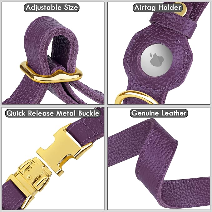 Leather Airtag Dog Collar - Soft Tracking Dog Collar with Apple AirTag Holder and Metal Buckle - Safety GPS Pet Collars for Small Medium Large Dogs Puppy Pink Red (Purple, XS, 9"-12" Neck Fit)