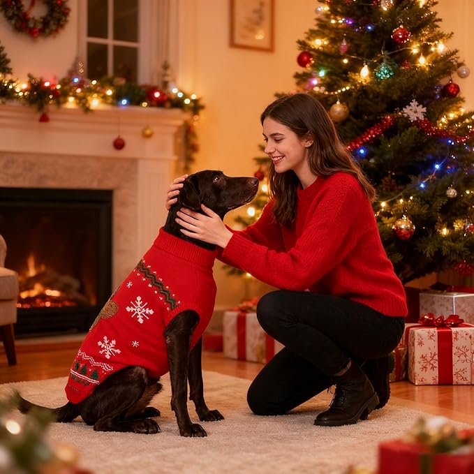 Dog Sweater Christmas, Red Warm Knit Sweaters for Medium and Large Dogs, Winter Dog Clothes for Cold Weather, Reindeer Holiday Festival Pet Outfit