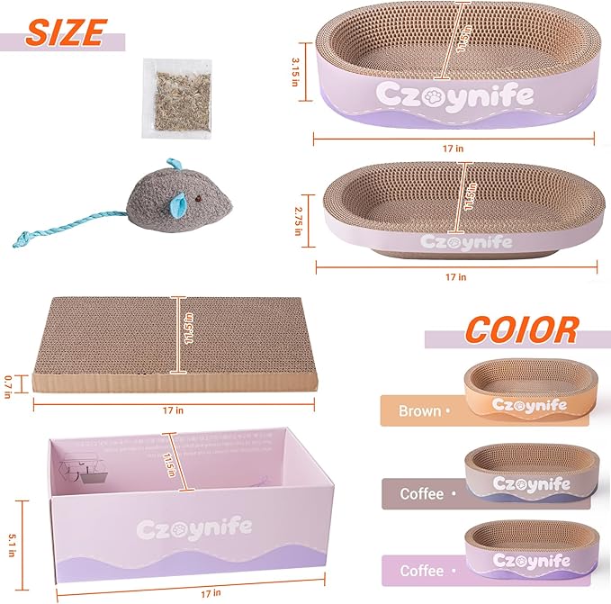 Czoynife 3PCS Cat Scratcher Cardboard, Oval Cat Scratch Pad Bowl Nest for Indoor Cats, Round Cat Scratching Board Corrugated Lounge Cat Bed, Furniture Protector for Couch (Purple, 17 * 11.5 in)