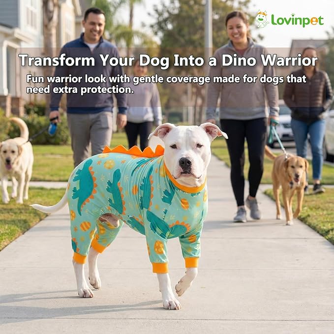 LovinPet Large Dog Pajamas, Four-Leg Stretch Onesie Bodysuit, Lightweight UV-Shielding Pajamas, Anti-Lick Calming Recovery Suit for Surgery, Pull-On for Medium and Large Breeds,Green Orange,XL