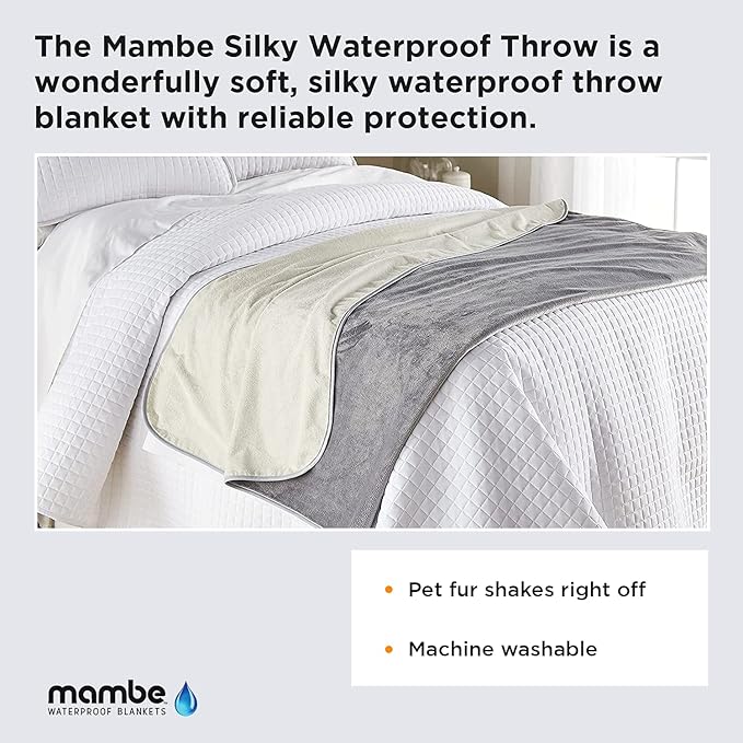 Mambe Silky Waterproof Throw for Protecting Furniture Bed Couch from Stains Caused by Dogs, Cats, Incontinence. Soft, Washable, Reversible. (Size Small 2-Pack 30x35 inches, Color Buff/Dove)