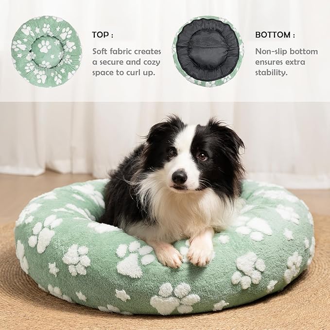 Yaning Donut Dog Beds for Medium Dogs, Calming Round Cat Beds for Indoor Cats, Cute 3D Textured Paw Pet Bed with Removable Washable Cover and Anti-Slip Bottom（Green，30"）