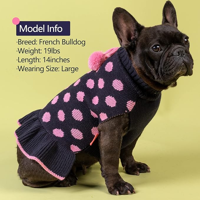 KYEESE Dog Sweaters with Leash Hole Small Dogs Sweater Dress Polka Dot Knitwear Warm for Girl Dog Clothes with Pom Pom Ball, M