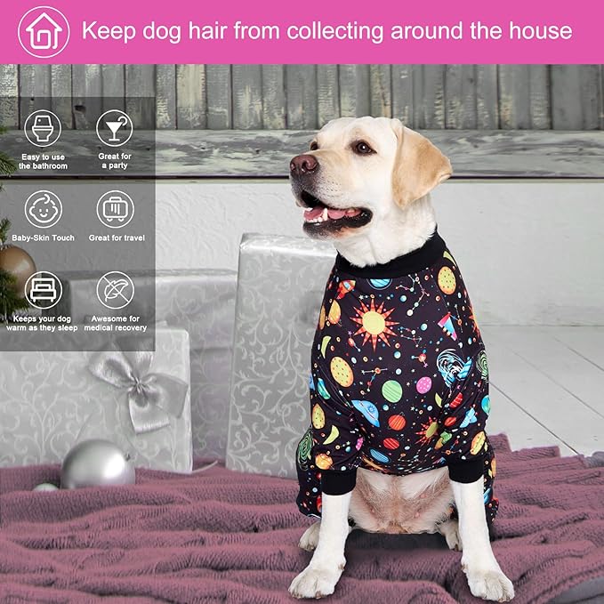 LovinPet Big Dogs Onesies: Big Dog Pajamas, Post Surgery/Wound Care, Lightweight Stretchy Fabric, Interstellar Black Print, Dog Jumpsuit, Anti Licking, Pet PJ's /3XL