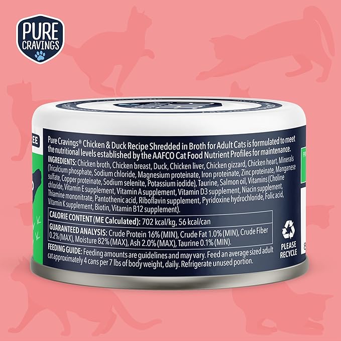 Pure Cravings Chicken and Duck Recipe in Broth, Shredded Wet Cat Food, Grain-Free Protein, Non-GMO, 12 Pack