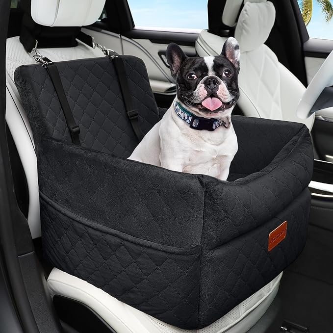 Small Dog Car Seat, Memory Foam Dog Booster Car Seats with Thick Cushion for Medium Dogs Under 35lbs, Detachable Washable Dog Bed for Car, Pet Carseat with Storage Pockets,2 Safety Belts