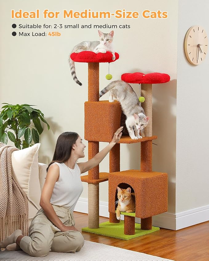 MUTTROS Cat Tree for Indoor Cats, 52.4" Tall Cat Tower with 2 Flower Perches, 2 Cozy Condos & 2 Sisal Scratching Posts - Multi-Level Kitty Climbing Furniture, Pet Playhouse for Adult Cats, Brown/Red