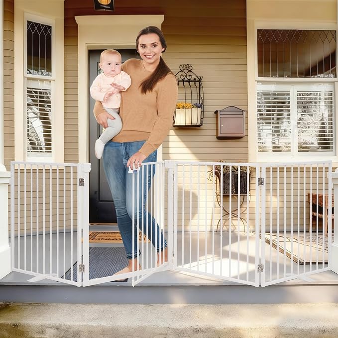 104" Extra Wide Dog Gate, Heavy Duty Metal Freestanding Dog Gate with Door for Indoor & Outdoor, Foldable Pet Fence for Doorways,House,Porch,Deck,Yard,Stairs, Auto Close(4 Panels,White)