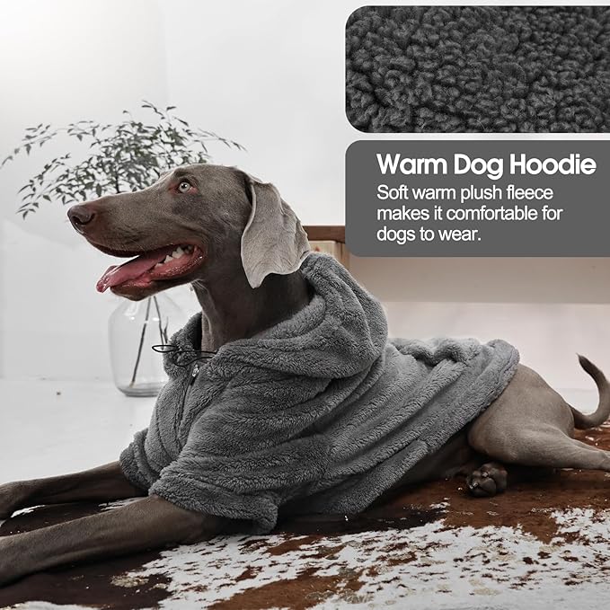 IDOMIK Fuzzy Dog Sweater with Adjustable Hood, Warm Fleece Dog Sweater Hoodie with Harness Hole & Pocket, Pullover Sweaters for Medium Dogs, Fuzzy Hooded Sweatshirt for Fall Winter Christmas,Grey,L