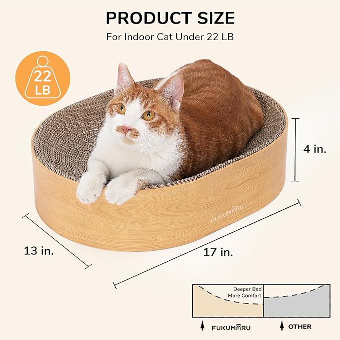 FUKUMARU Cat Scratcher Cardboard Lounge Bed, 2-in-1 Cat Scratch Pad, Oval Cats Scratching Board Indoor, Durable Modern Kitty Scratcher Bowl, Cats Scratch Furniture Protector, Wood Color