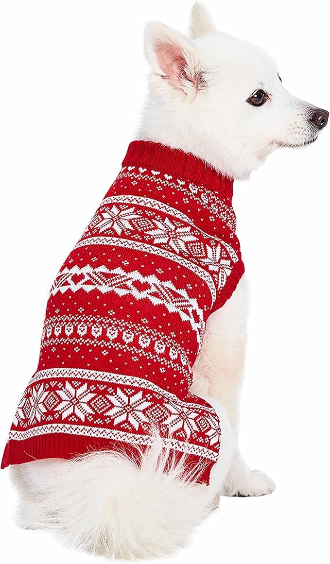 Blueberry Pet Ugly Christmas Snowflake Dog Sweater | Red 18" Back Length | Family Matching Outfit | Dog & Human Ugly Christmas Sweater