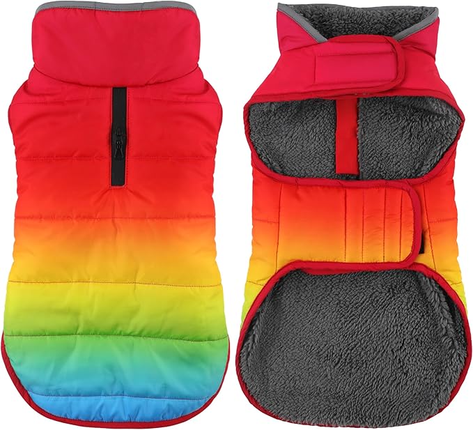 Dog Winter Coat, Waterproof Dog Jacket with Leash Hole, Reflective Adjustable Pet Snow Vest, Warm Fleece Sweater for Small Medium Large Dogs - Rainbow, L