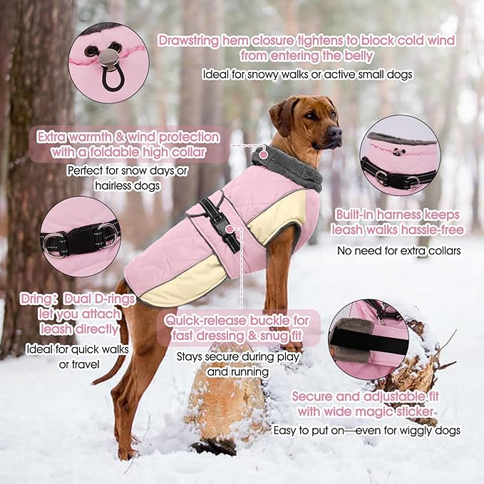 QBLEEV Warm Dog Jacket - Reflective, Adjustable Winter Coat with Turtleneck for Cold Weather, Waterproof Fleece Snowsuit for Small, Medium, Large Dogs