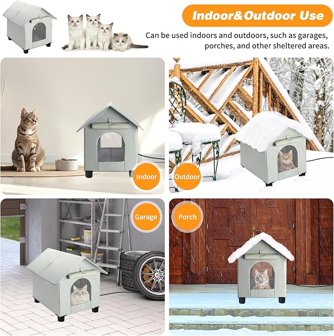 Heated Cat House in Winter Waterproof, Elevated Heated Outdoor Cat House Insulated Outside Feral Cats Houses Shelter with Escape Door for Cats or Small Dogs (Grey, Medium (15.3"x19.3"x18.9"))