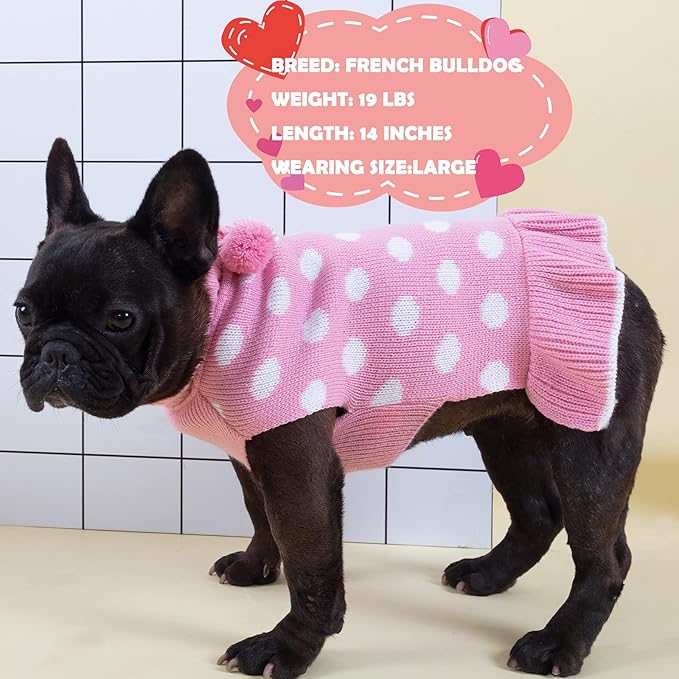 KYEESE Valentines Dog Sweater Dress, Warm Dog Sweaters for Small Dogs Girl Cats Dogs Clothes, Pullover Cozy Knit Pet Appare with Leash Hole, Pink Dot, S