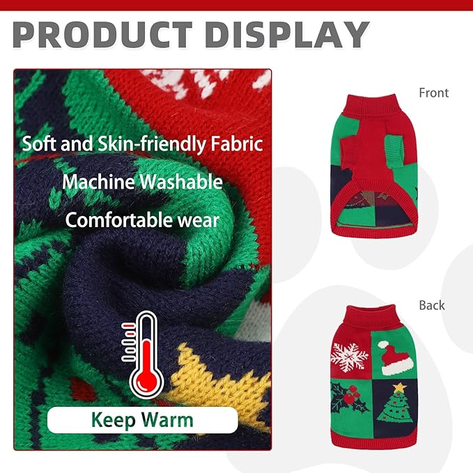KOOLTAIL Christmas Dog Sweater, Knitted Turtleneck Pullover, Red Green Color Dog Sweatshirt, Thick Warm Winter Clothes for Small to Large Dogs, Boys & Girls