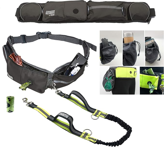 TAKSIN The Ultimate Hands Free Dog Leash System for Walking Running Hiking Training, Reflective Bungee Leash, Treat Holder, Poop Bag Dispenser for Small Medium Large Dogs (Grey Deluxe Pack)