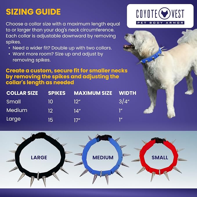 CoyoteCollar Spike Dog Collar, Adj/Replaceable Spikes, Small, Blue