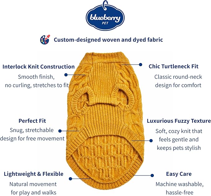 Blueberry Pet Classic Fuzzy Textured Knit Pullover Crew-Neck Dog Sweater in Mustard Yellow, Back Length 20", Pack of 1 Clothes for Dogs