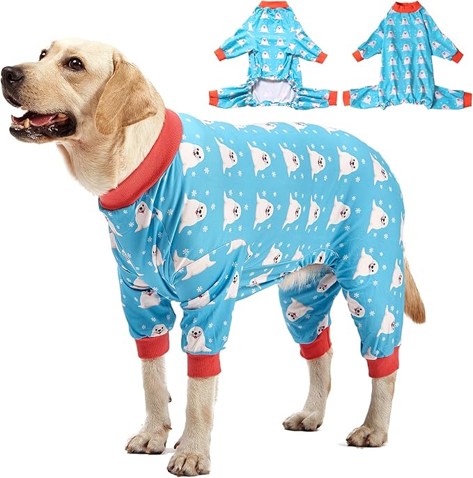 LovinPet Large Big Dog Pajamas - Anxiety Calming, Anti Licking Dog Onesie, Turquoise Sea Plants Print. Large Breed Dog Jammies, Pet PJ's for Travel & Home, Pet Pajamas for Dogs, Blue Medium