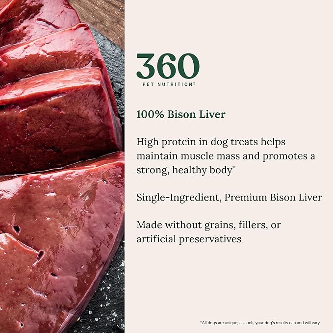360 Pet Nutrition Freeze-Dried Raw Bison Liver Dog Treats – Single Ingredient, High Protein, Grain-Free, All-Natural Training Snacks, Made in USA, 4 oz