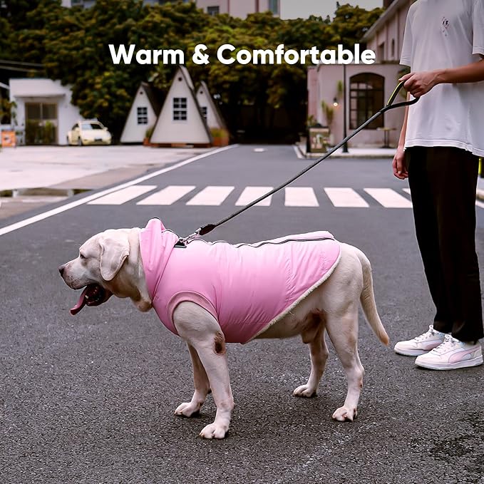 Fleece Lining Dog Hoodie with Harness Built in,Extra Warm Medium Dog Jacket in Winter Doggie Coats with Hooded,Light Pink L