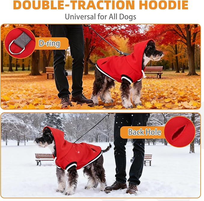 KOOLTAIL Dog Christmas Hoodie with Leash Hole & D-Ring, Thick Fleece-Lined Winter Warm Dog Clothes Cold Weather Coats, Soft Pet Sweater Sweatshirt for Small Medium Large Dogs Puppy Boys Girls, Red S