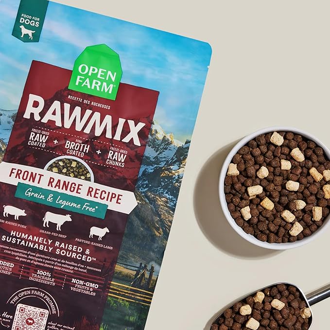 Open Farm, RawMix Grain-Free Dry Dog Food, Protein-Packed Kibble Coated in Bone Broth with Freeze Dried Raw Chunks, Beef Pork & Lamb, Front Range Recipe, 3.5lb Bag