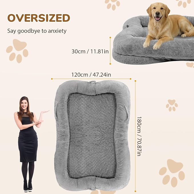 ZOMEYLPO Human Dog Bed, 71 x 47 x 12 in Washable Extra Large Dog Bed for People, Giant DogBed with Storage Pockets, Silver